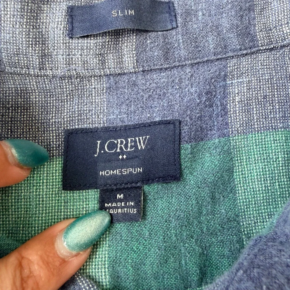 J.Crew Men's Slim Homespun Navy Green Plaid Cotton Button Down Shirt Medium